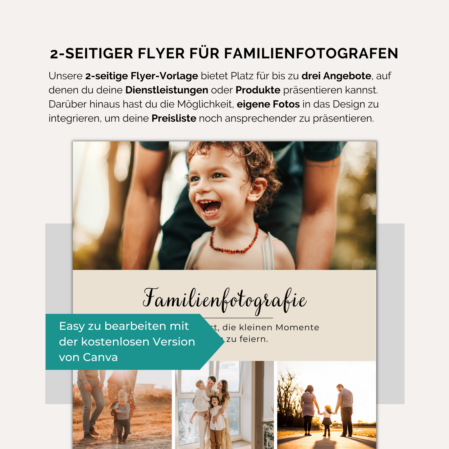 2-seitige Flyer-Vorlage für Familienfotografen. In Canva anpassbar.